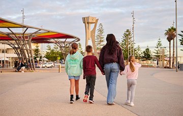 A family walking along the Scarborough Beach foreshore